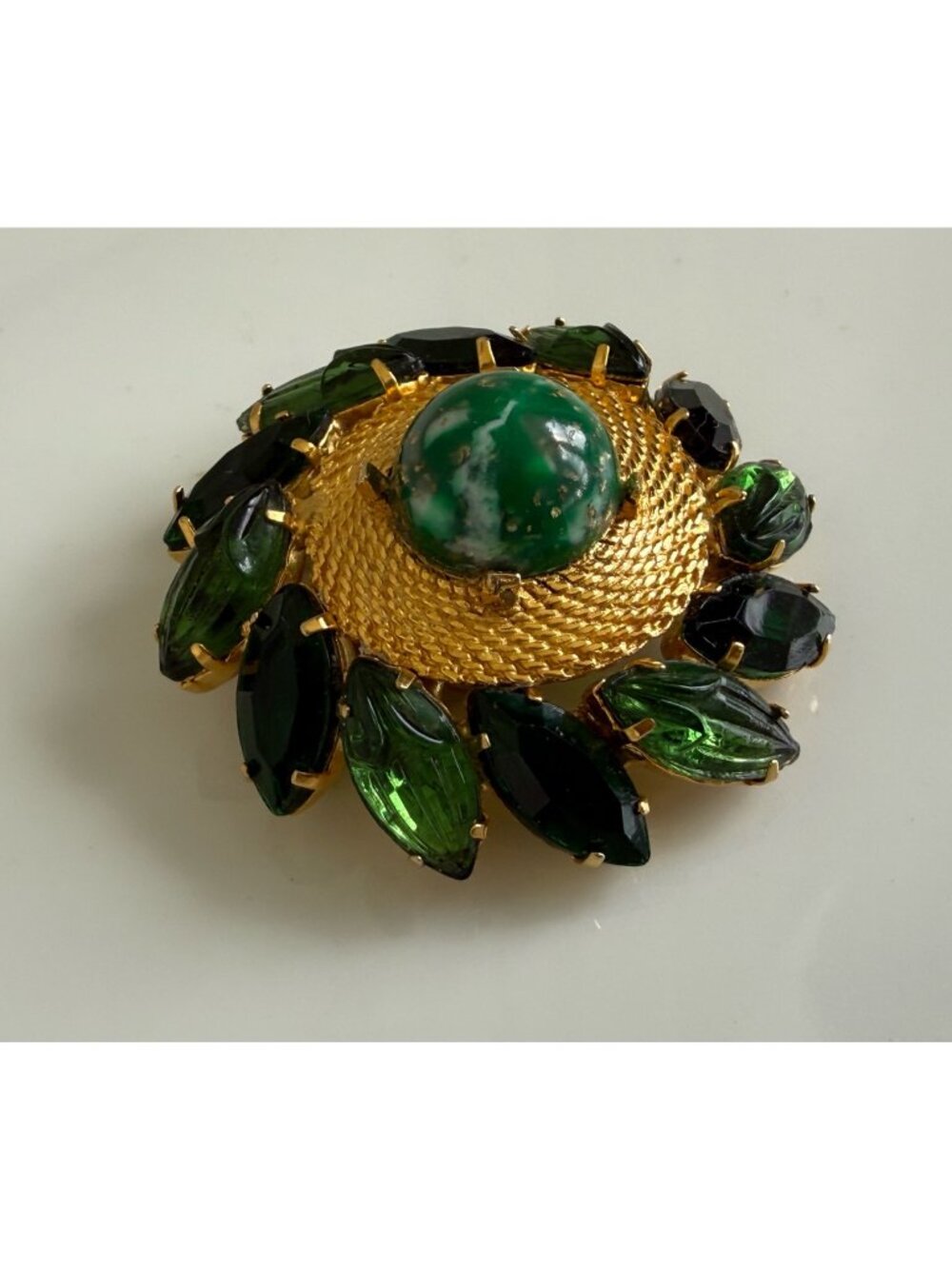 Vintage MCM Emerald Green Sunburst Brooch Molded Navette Glass Confetti Lucite